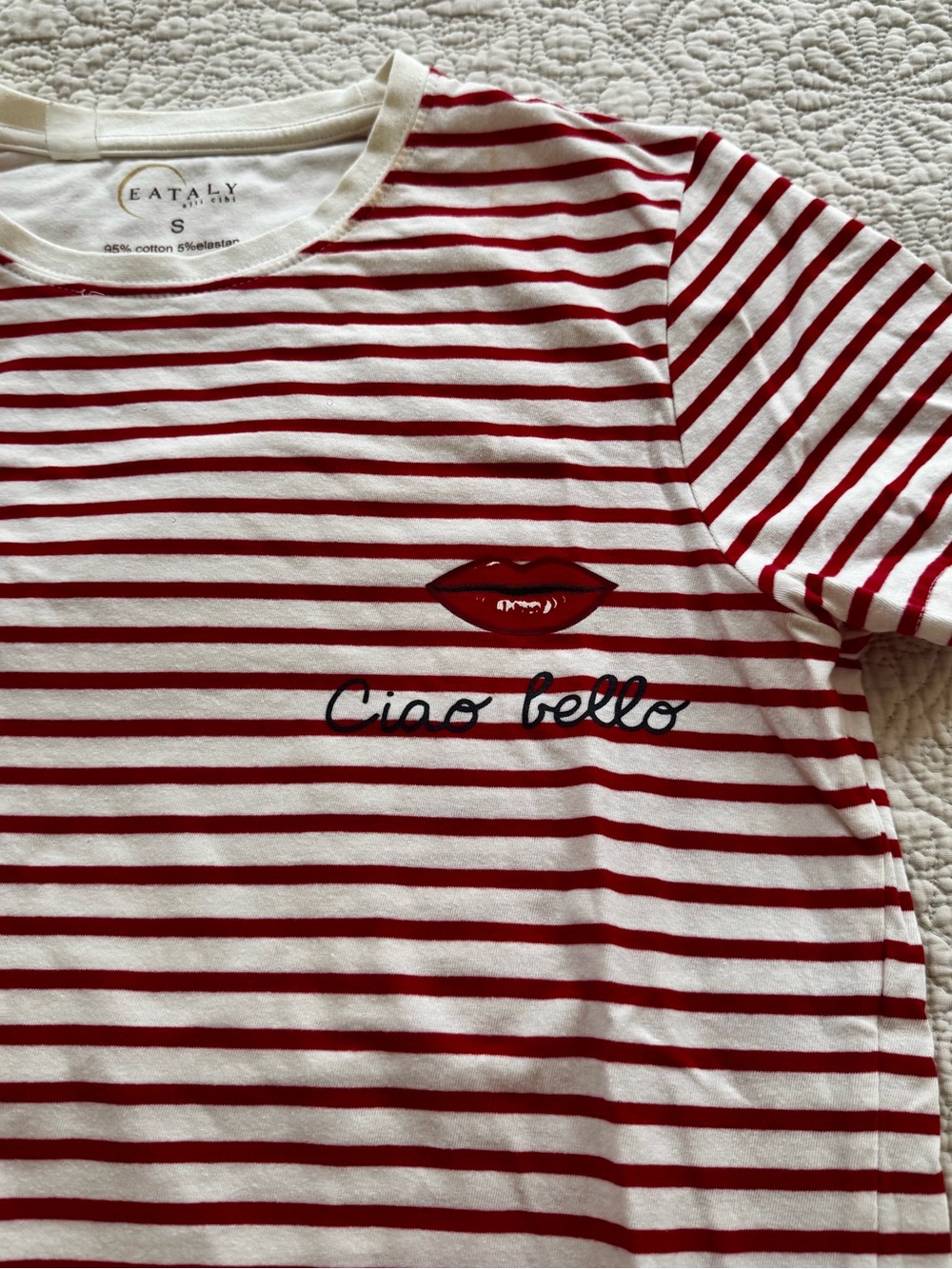 Kids Red & White Striped Short Sleeve Tee with Lip Patch
